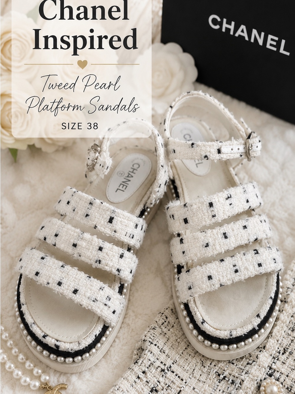 Designer Tweed Pearl Platform Sandals White Black Size 38 Chanel Style